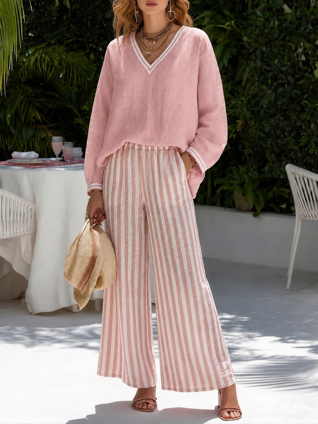 New Arrival🔥Women’s V-Neck Linen Blend Striped Two Piece Set