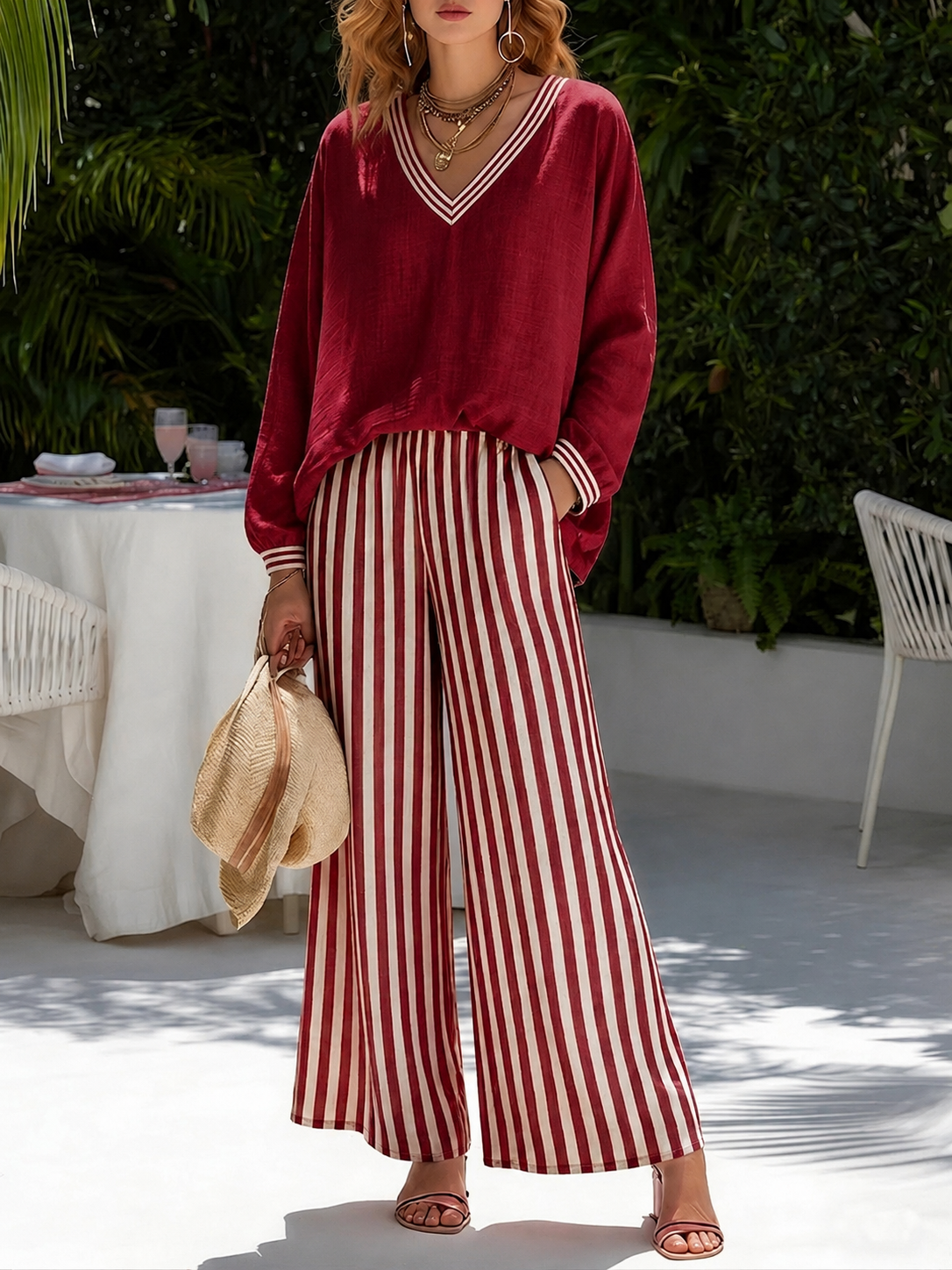 New Arrival🔥Women’s V-Neck Linen Blend Striped Two Piece Set