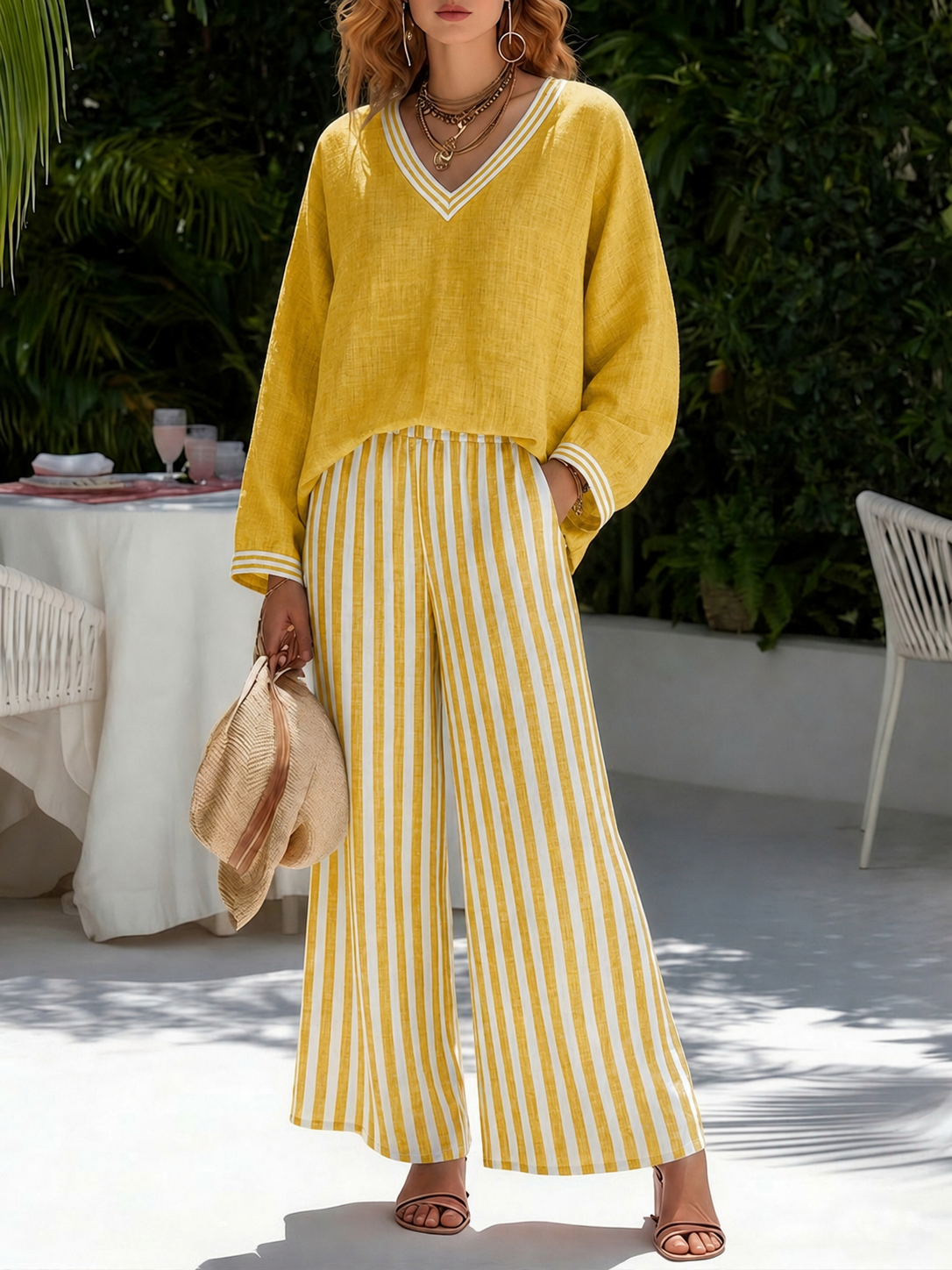 New Arrival🔥Women’s V-Neck Linen Blend Striped Two Piece Set