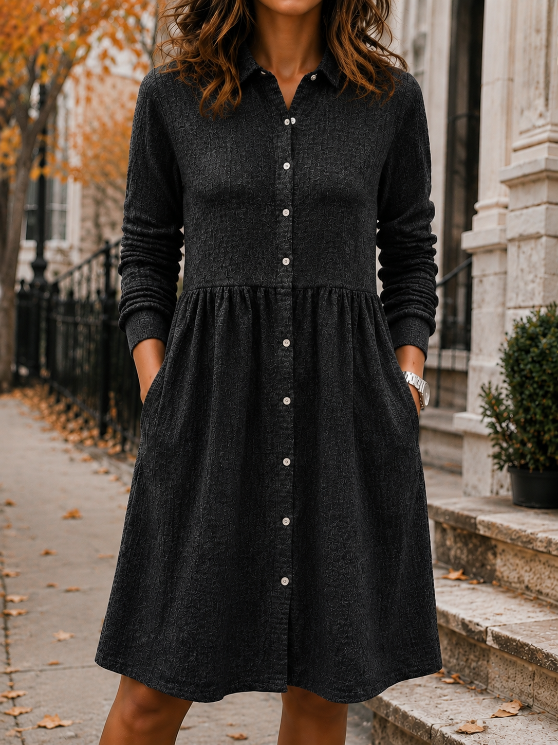 New Arrival🔥 Women’s Textured Button-Front Pocket Shirt Dress