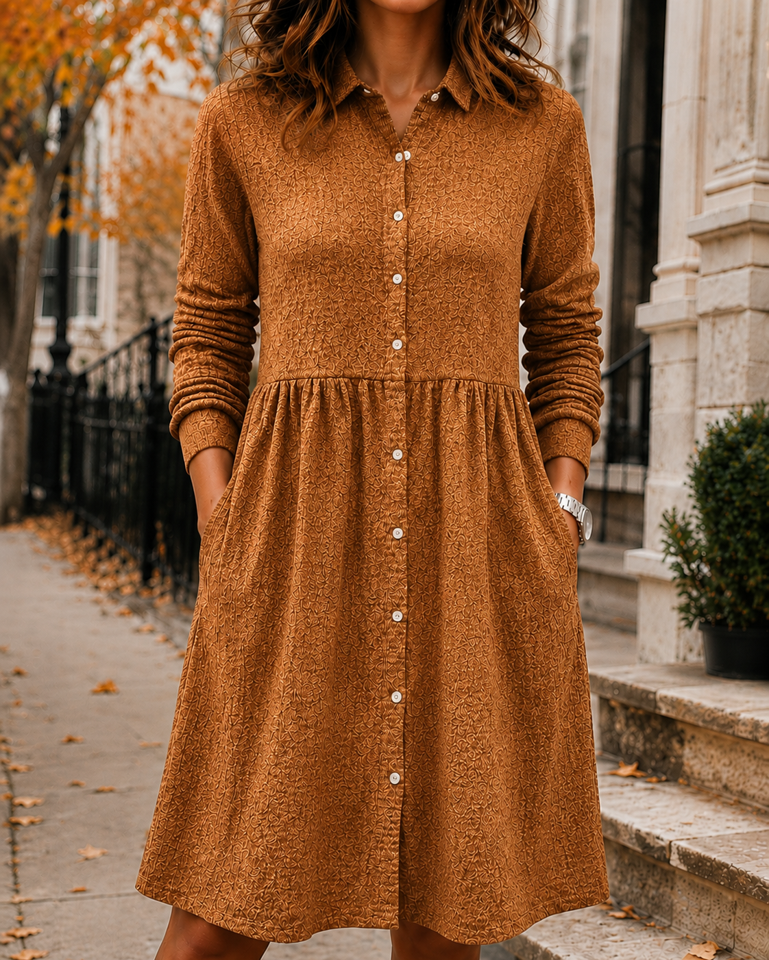 New Arrival🔥 Women’s Textured Button-Front Pocket Shirt Dress