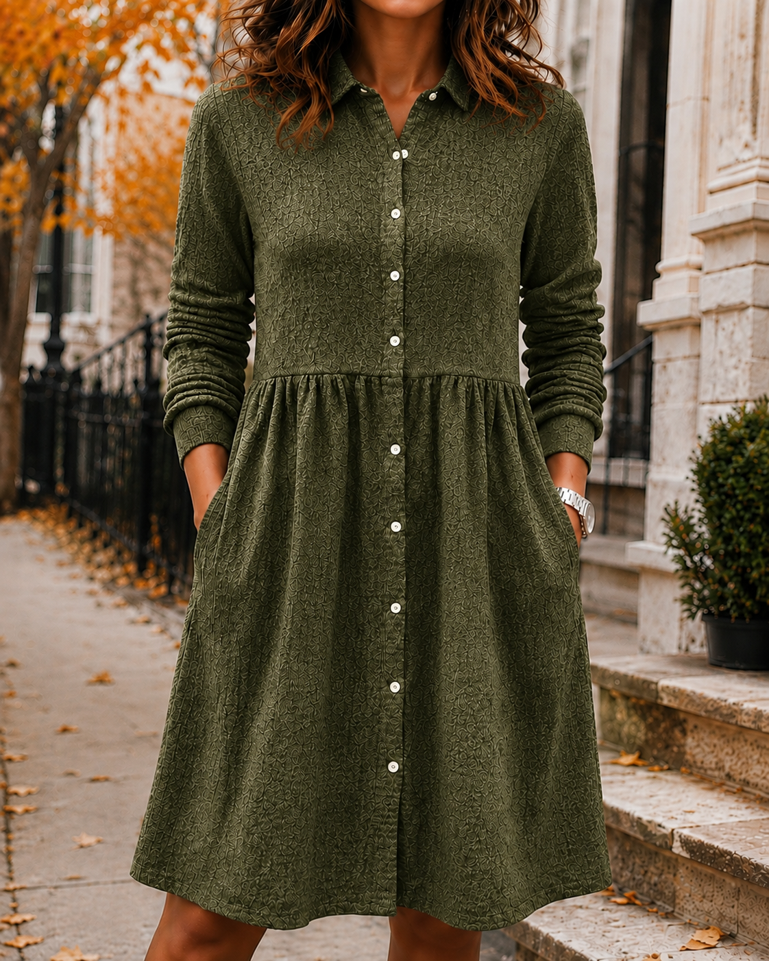 New Arrival🔥 Women’s Textured Button-Front Pocket Shirt Dress