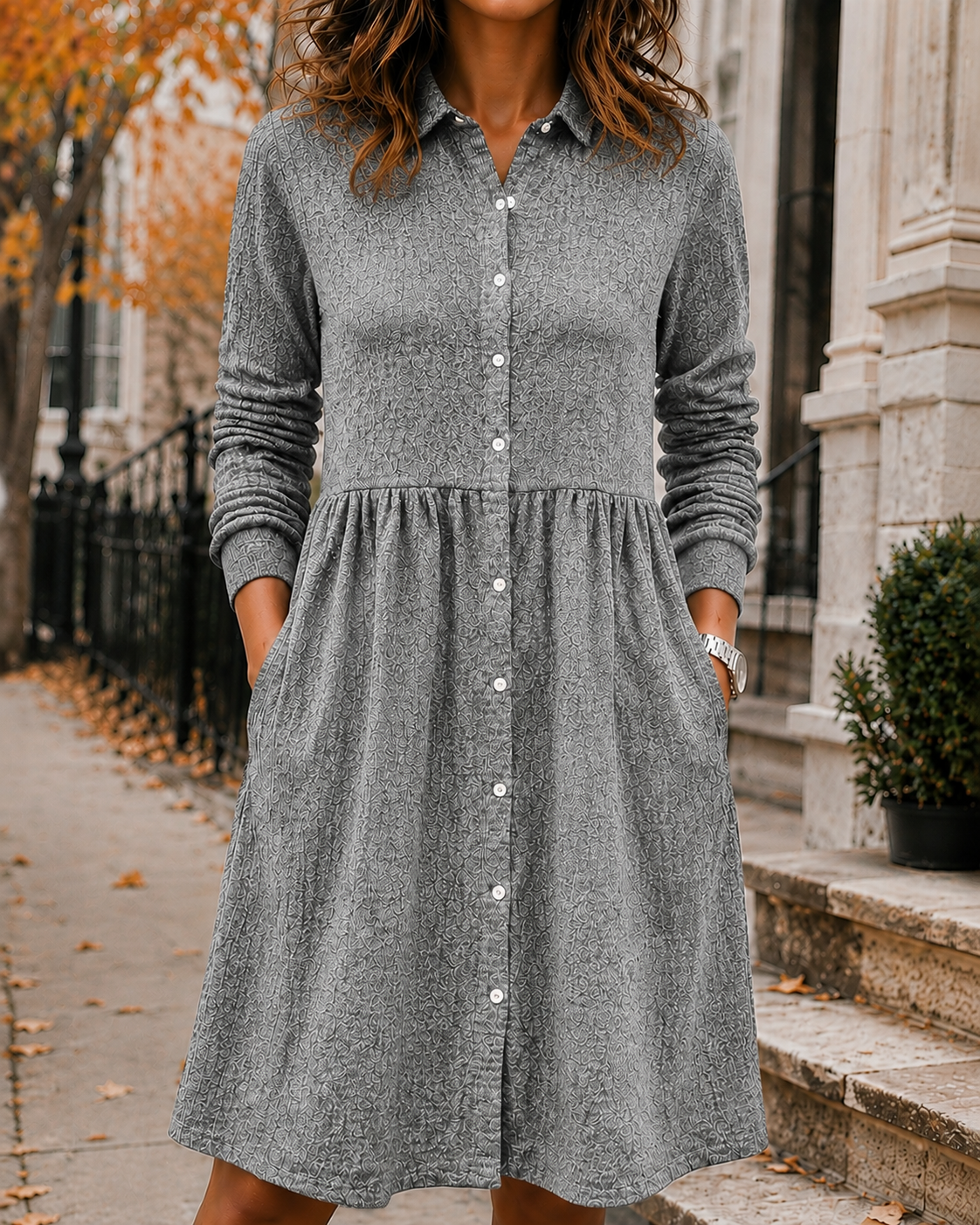 New Arrival🔥 Women’s Textured Button-Front Pocket Shirt Dress