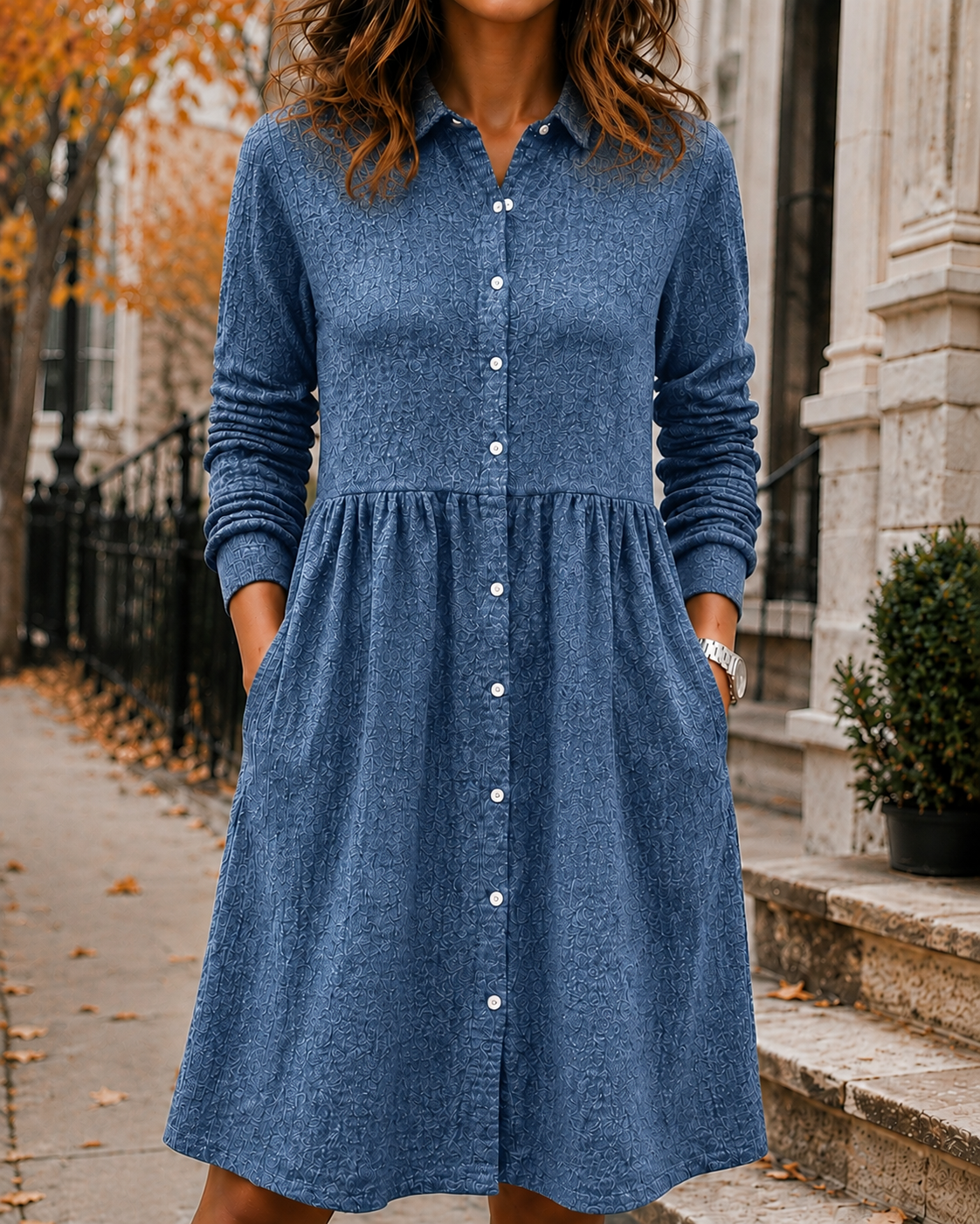 New Arrival🔥 Women’s Textured Button-Front Pocket Shirt Dress