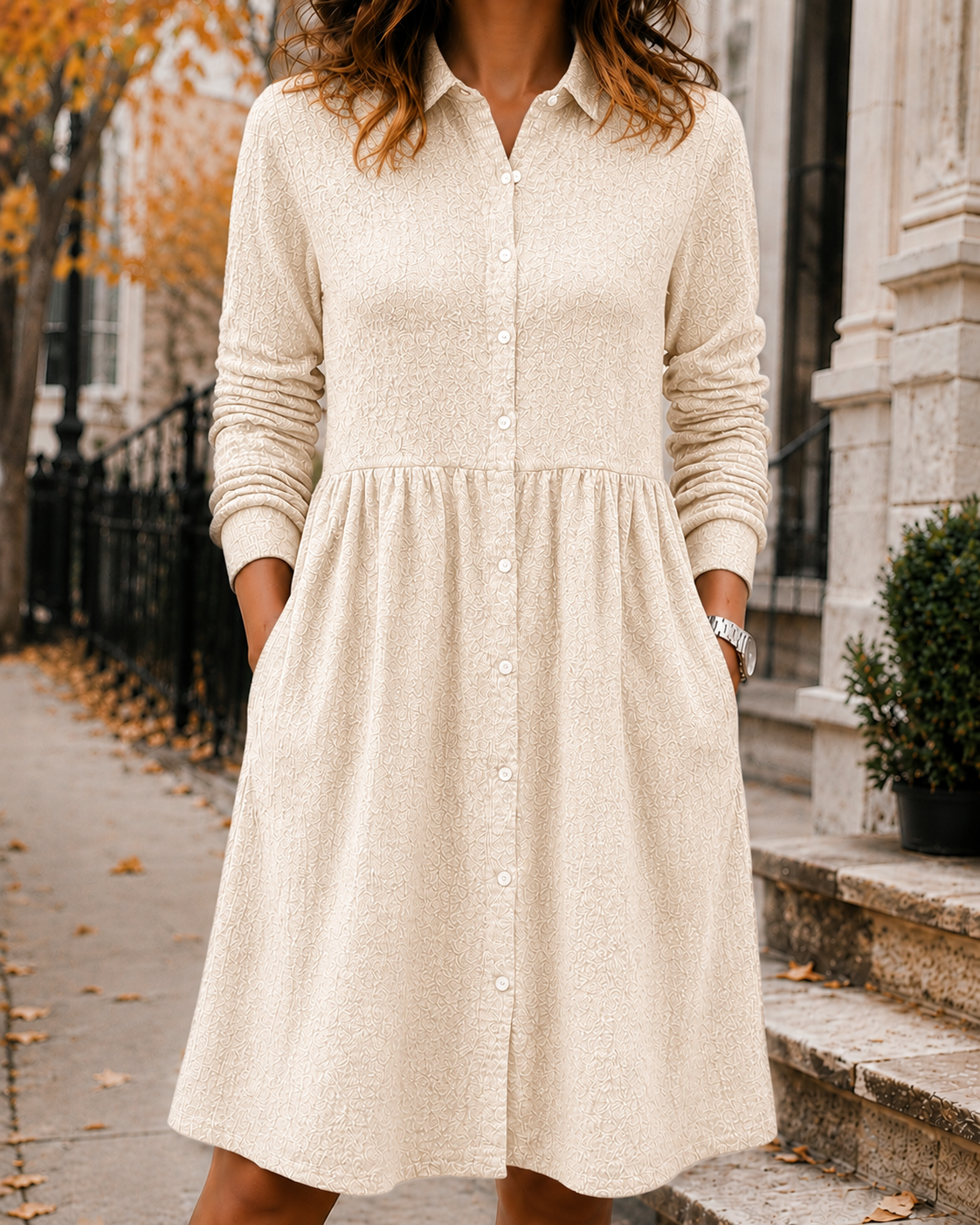 New Arrival🔥 Women’s Textured Button-Front Pocket Shirt Dress