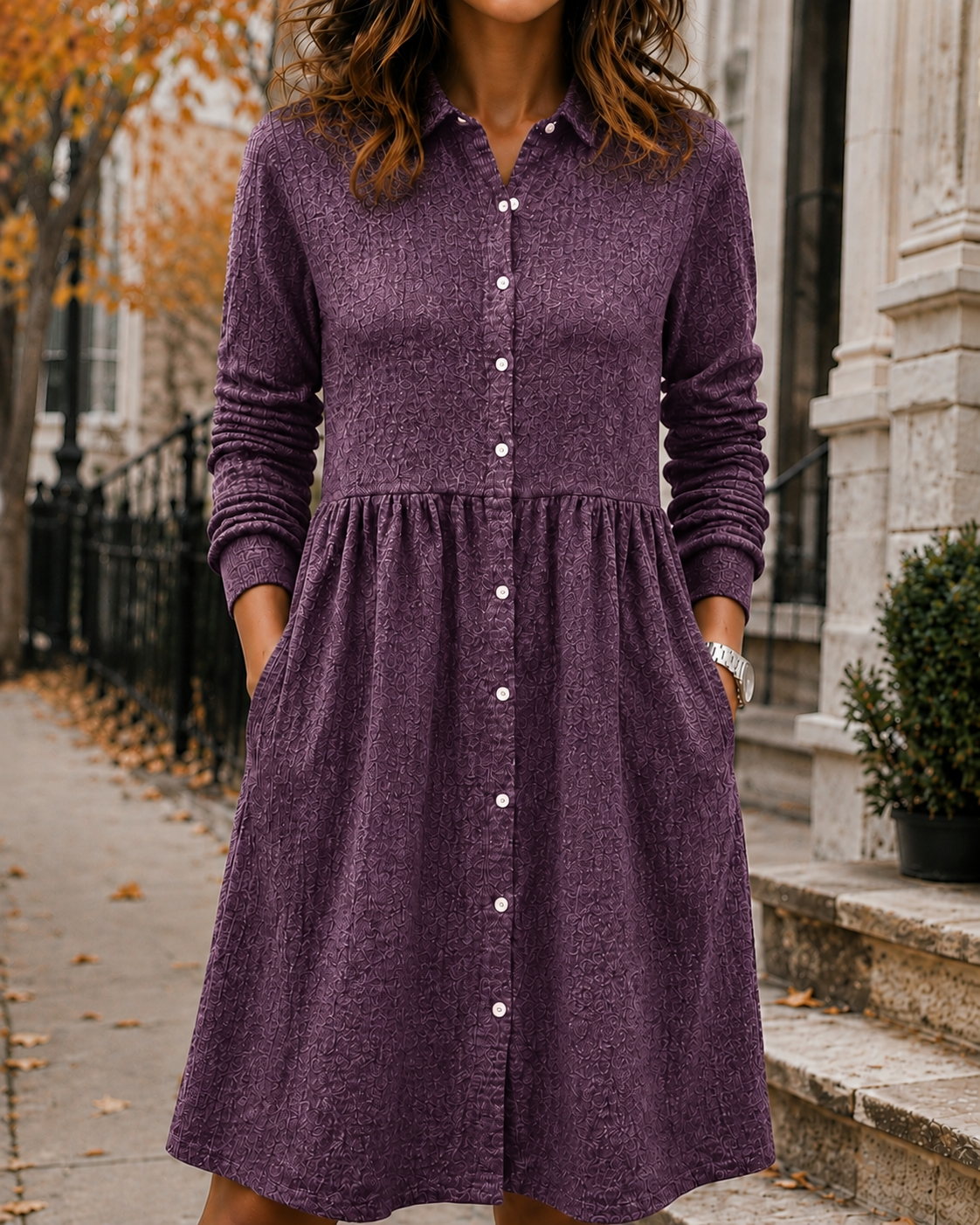 New Arrival🔥 Women’s Textured Button-Front Pocket Shirt Dress