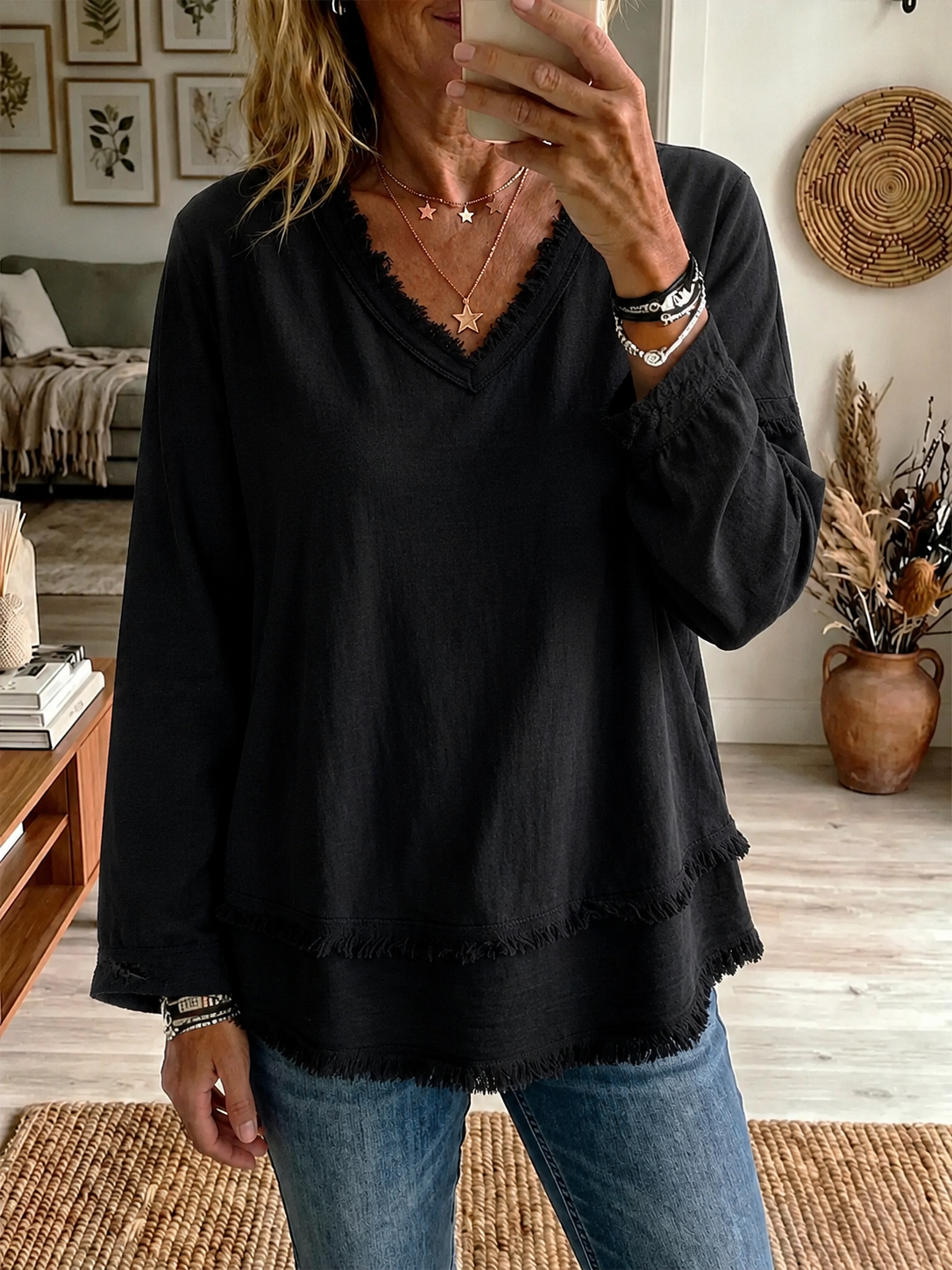 New Arrival🔥 Relaxed Frayed V-Neck Layered Tunic Top