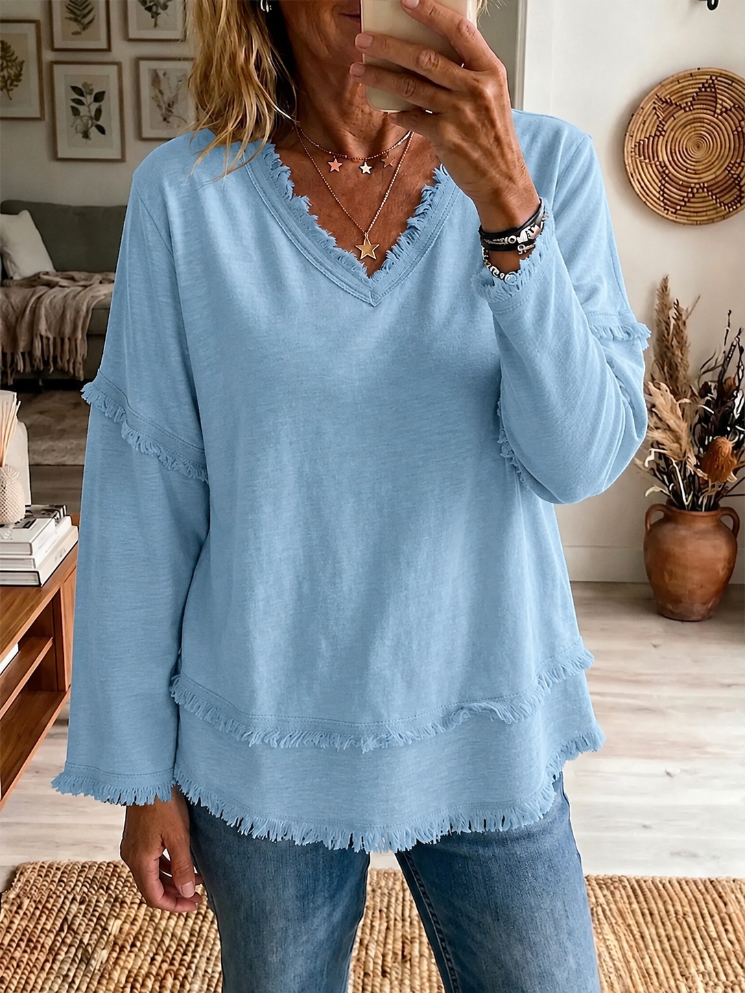 New Arrival🔥 Relaxed Frayed V-Neck Layered Tunic Top