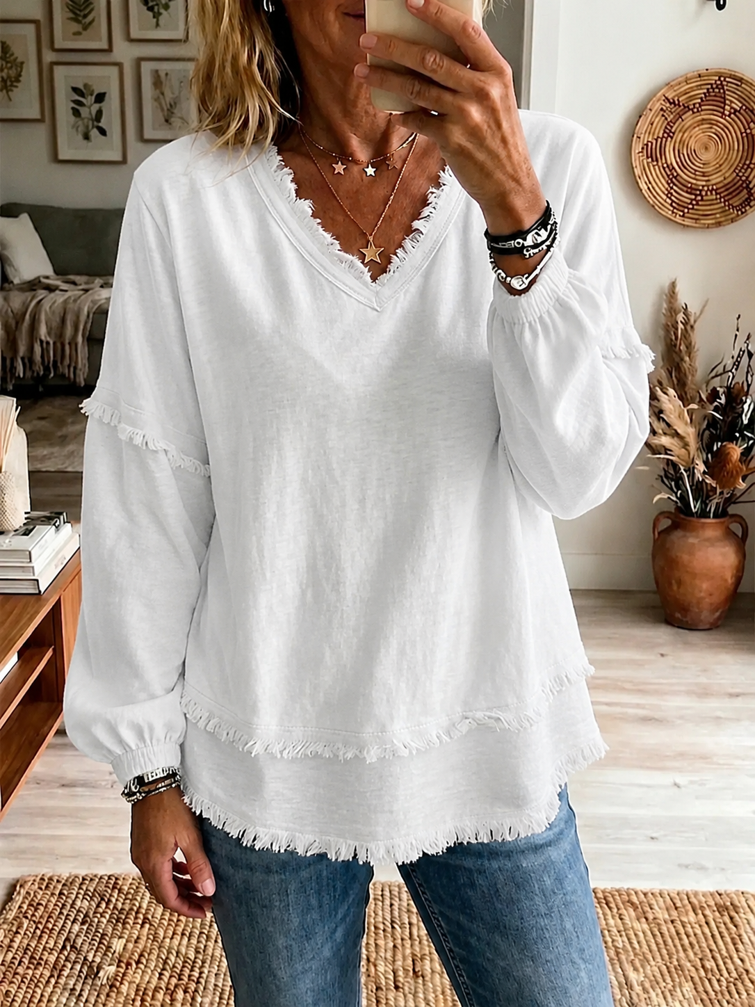 New Arrival🔥 Relaxed Frayed V-Neck Layered Tunic Top