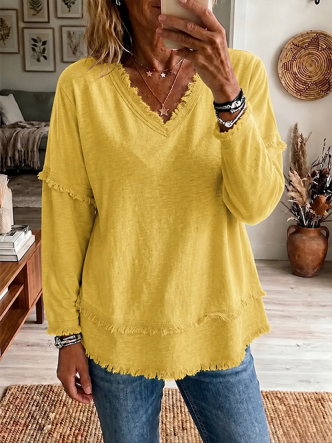 New Arrival🔥 Relaxed Frayed V-Neck Layered Tunic Top