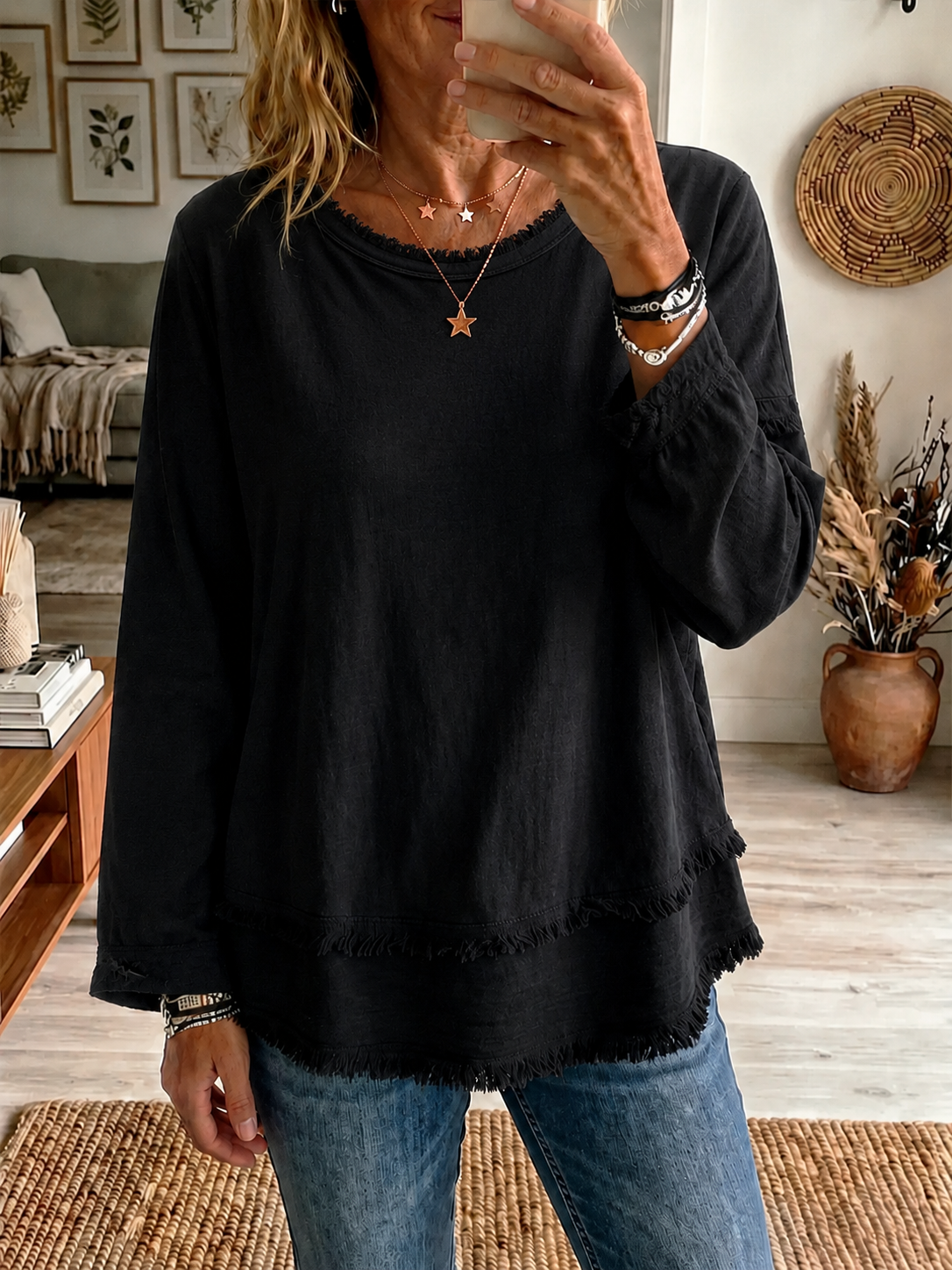 New Arrival🔥 Relaxed Layered Fringe Trim Tunic Top