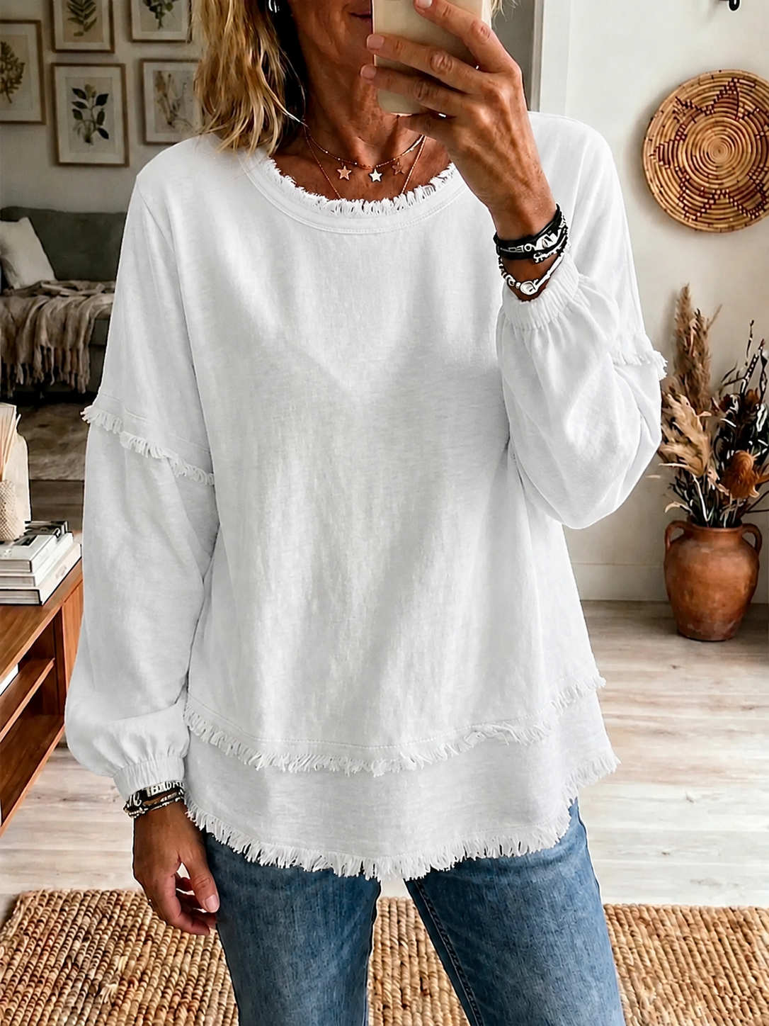 New Arrival🔥 Relaxed Layered Fringe Trim Tunic Top
