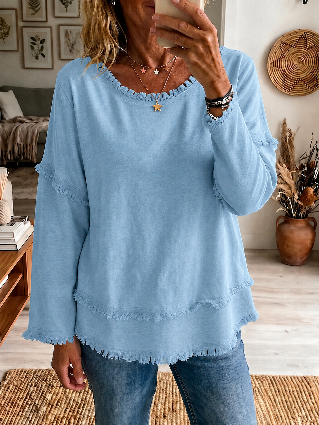 New Arrival🔥 Relaxed Layered Fringe Trim Tunic Top