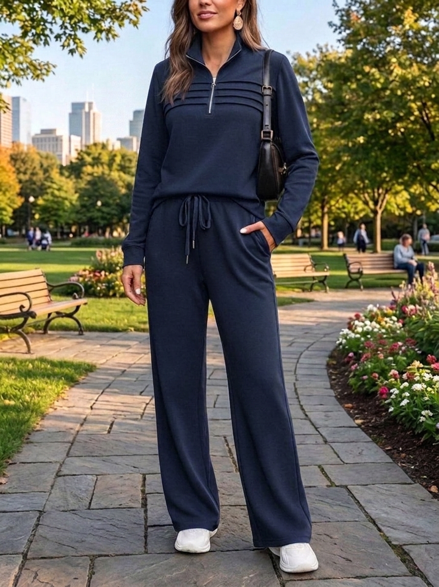 Women's navy blue quarter-zip two-piece travel set