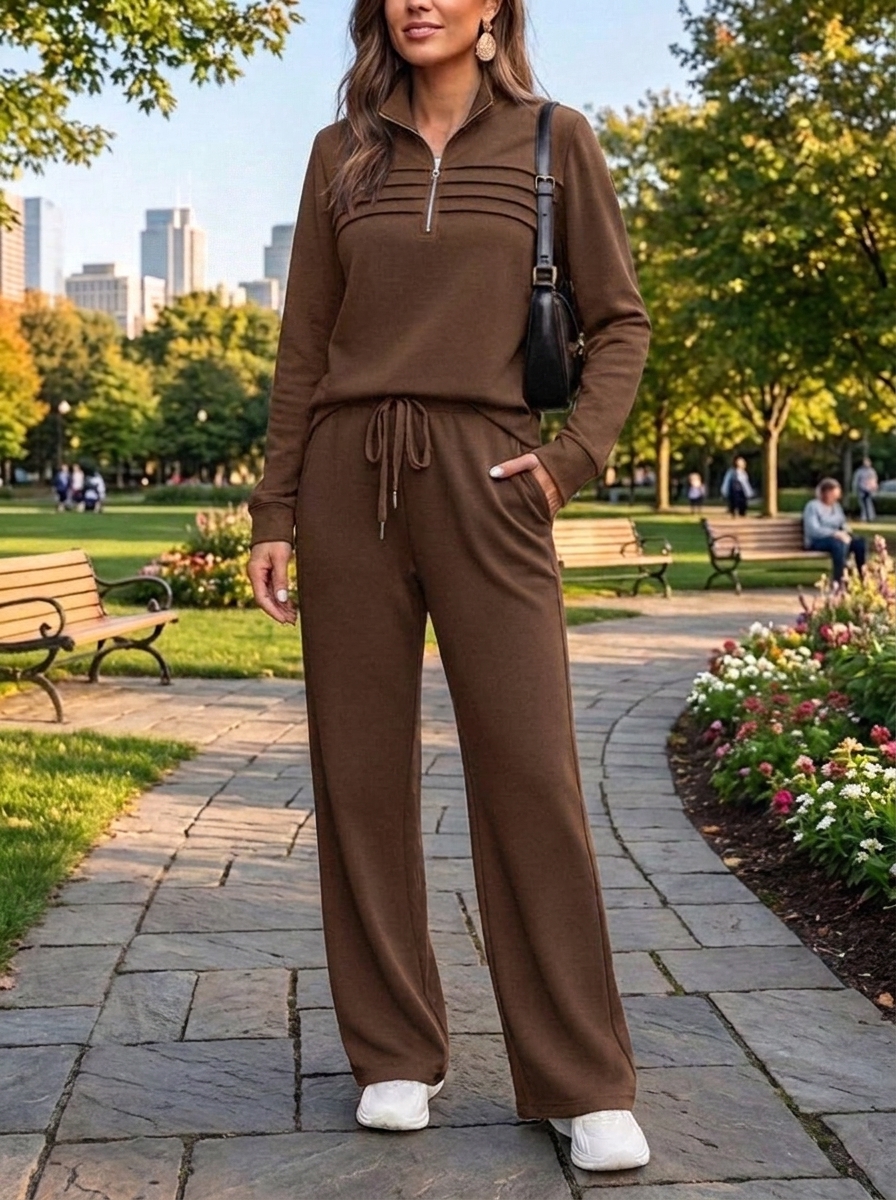 Women's brown quarter-zip two-piece travel set