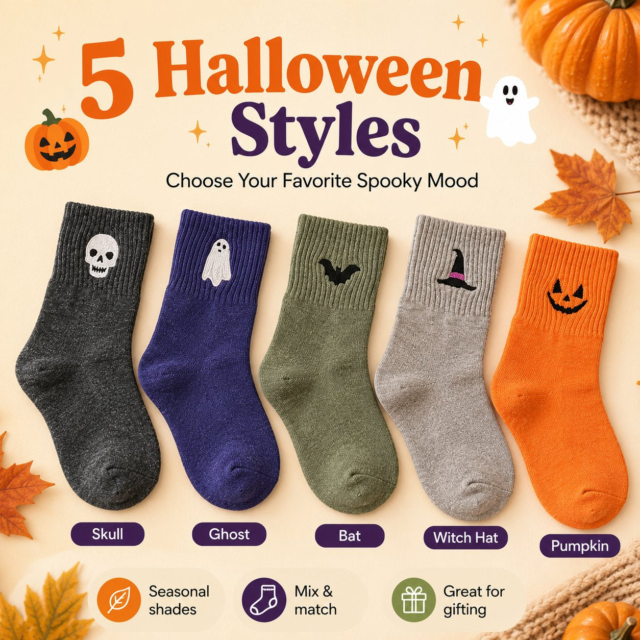 Five Halloween sock styles skull ghost bat witch hat and pumpkin