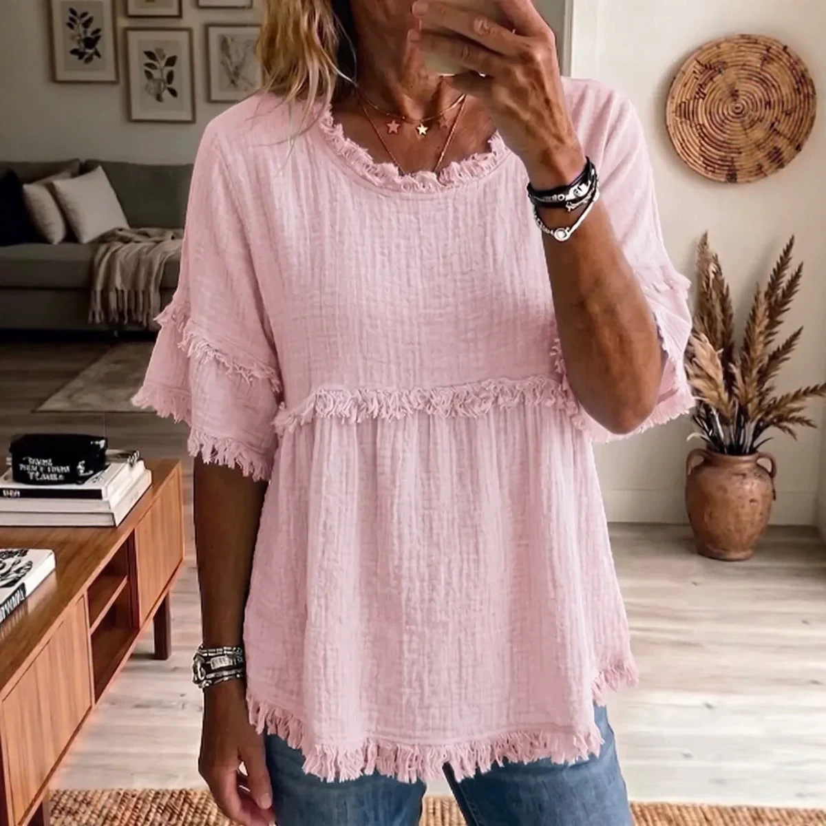Vintage Frayed Cotton Linen Babydoll Top