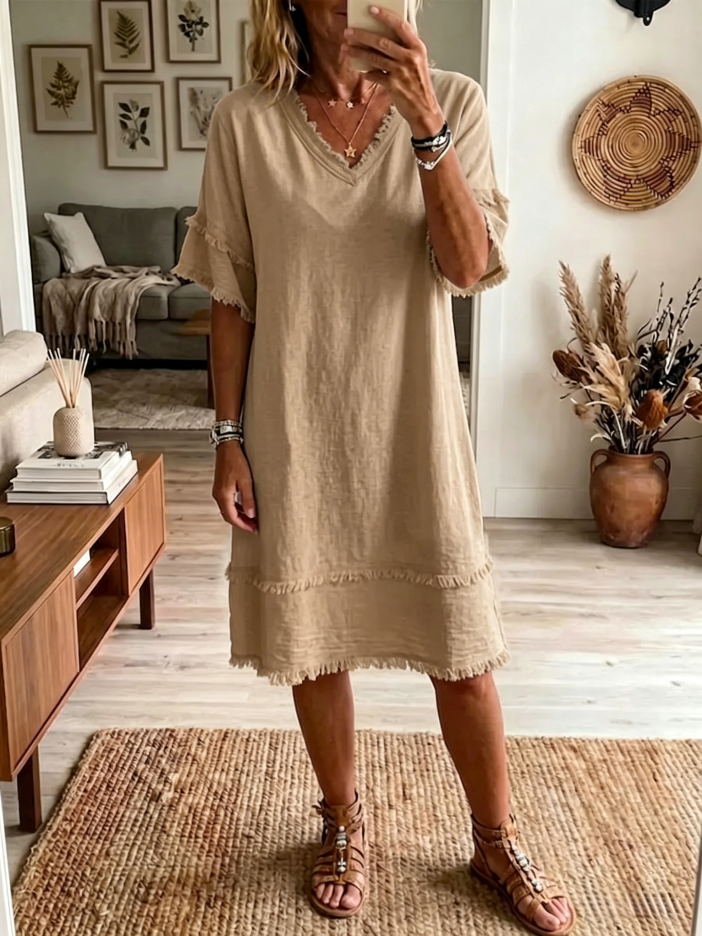 Vintage Frayed Hem Cotton Linen Dress