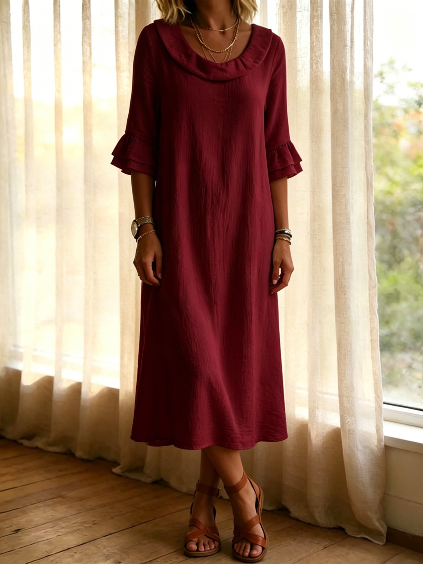 Elegant Linen Blend Ruffle Sleeve Maxi Dress