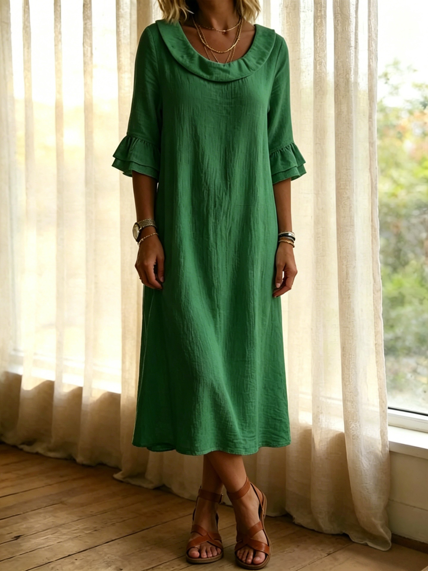 Elegant Linen Blend Ruffle Sleeve Maxi Dress