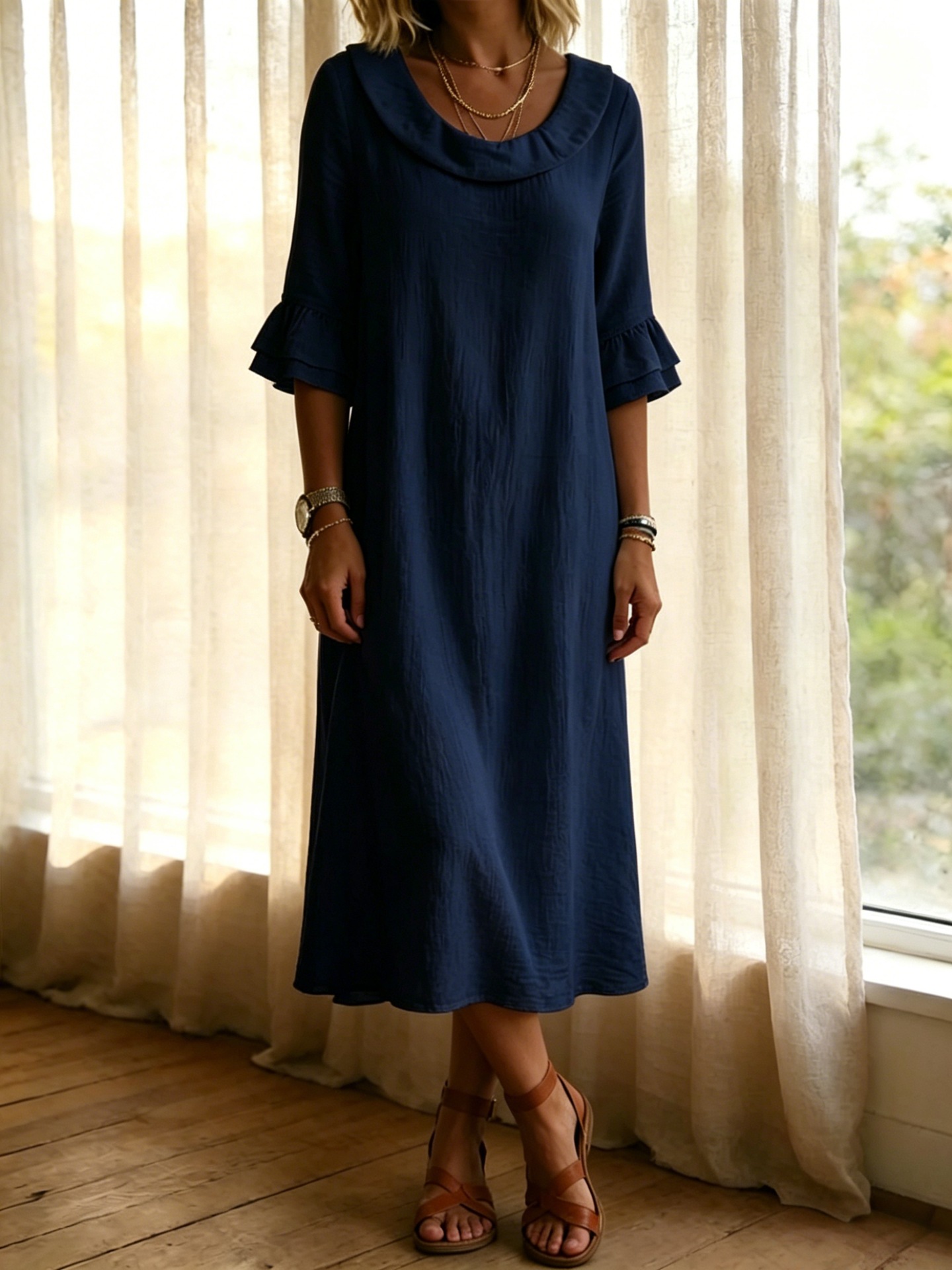 Elegant Linen Blend Ruffle Sleeve Maxi Dress