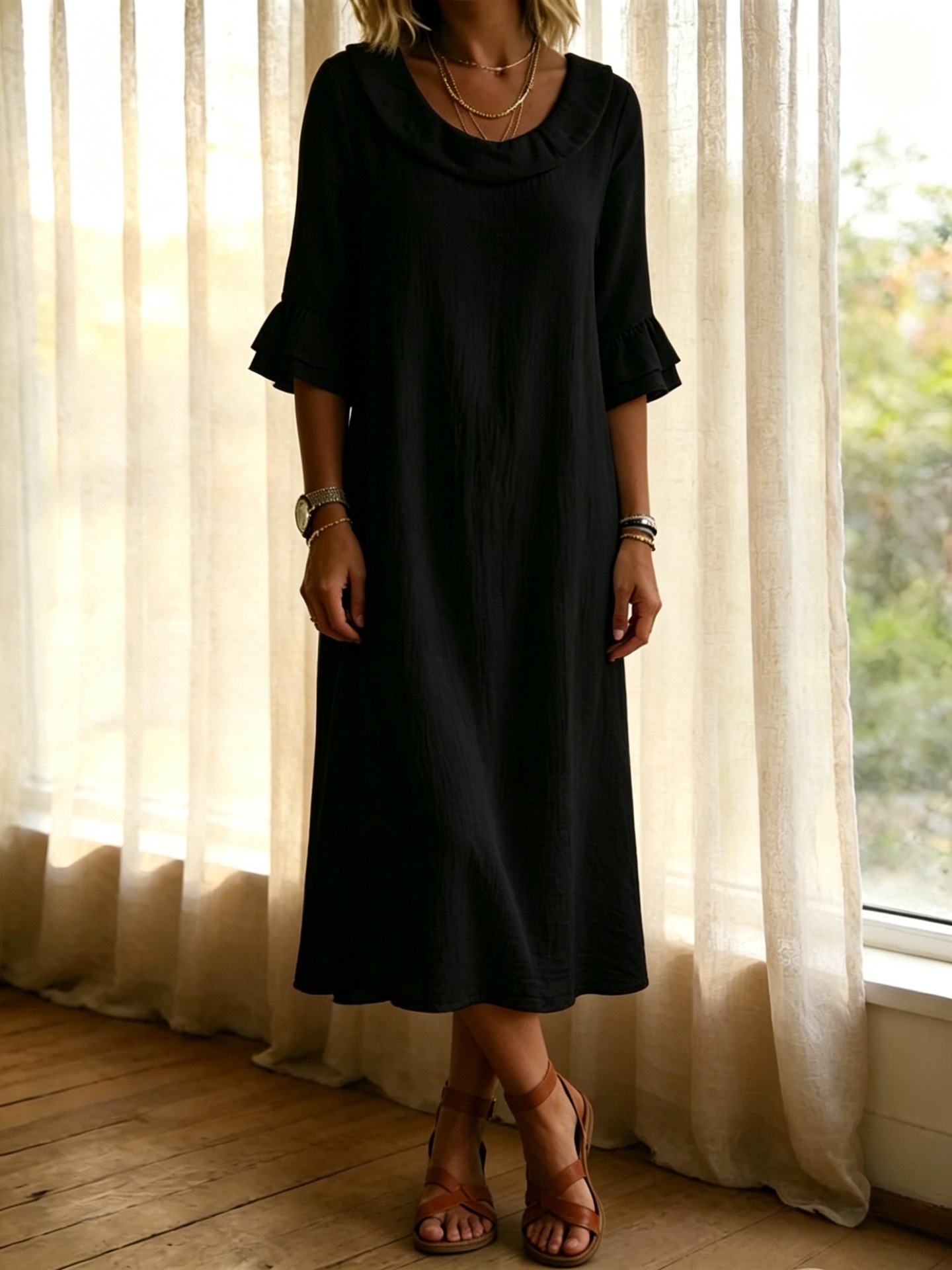 Elegant Linen Blend Ruffle Sleeve Maxi Dress