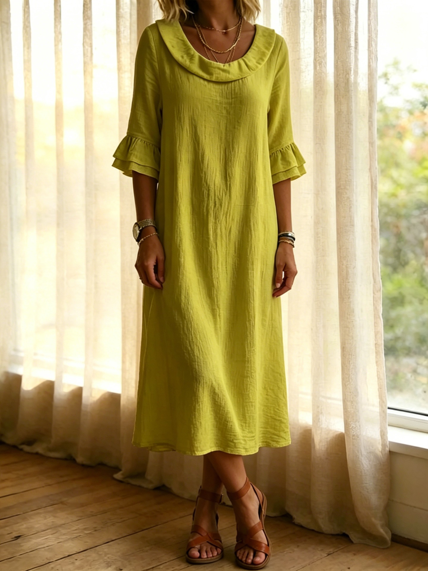 Elegant Linen Blend Ruffle Sleeve Maxi Dress