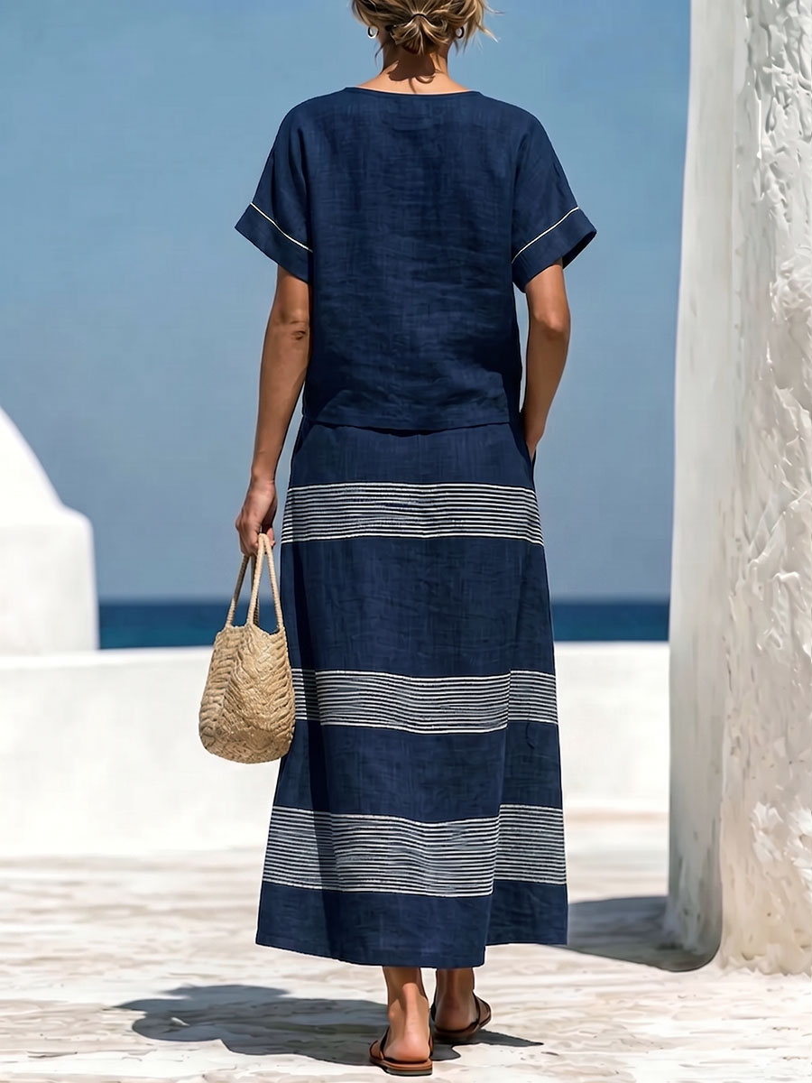 Women's Geometric Print Crew Neck Short-Sleeve Cotton-Linen Top & High-Waisted Loose-Fit A-Line Skirt Set