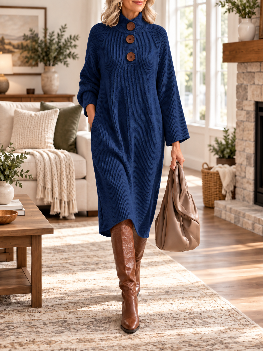 Women’s Ribbed Button Sweater Dress – Cozy Everyday Wear