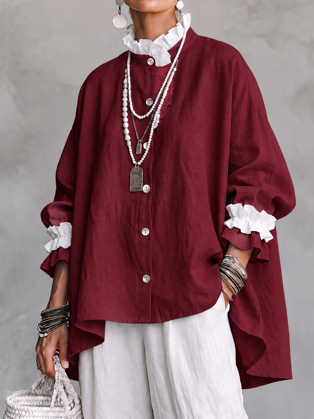 Women Ruffled Collar Linen Shirt, Long Sleeve Button Down Loose Oversized Blouse Top