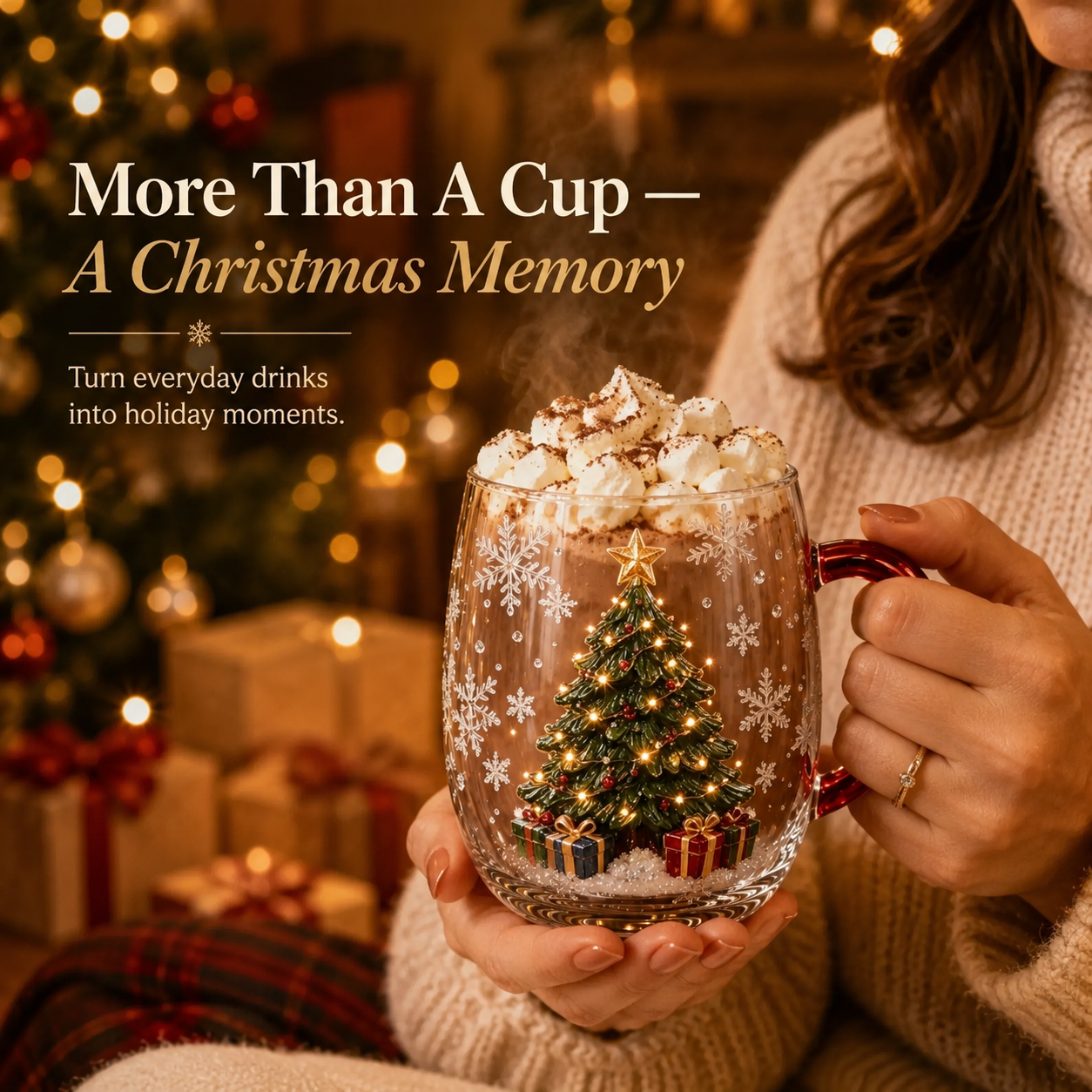 Christmas tree 3D glass mug filled with hot cocoa