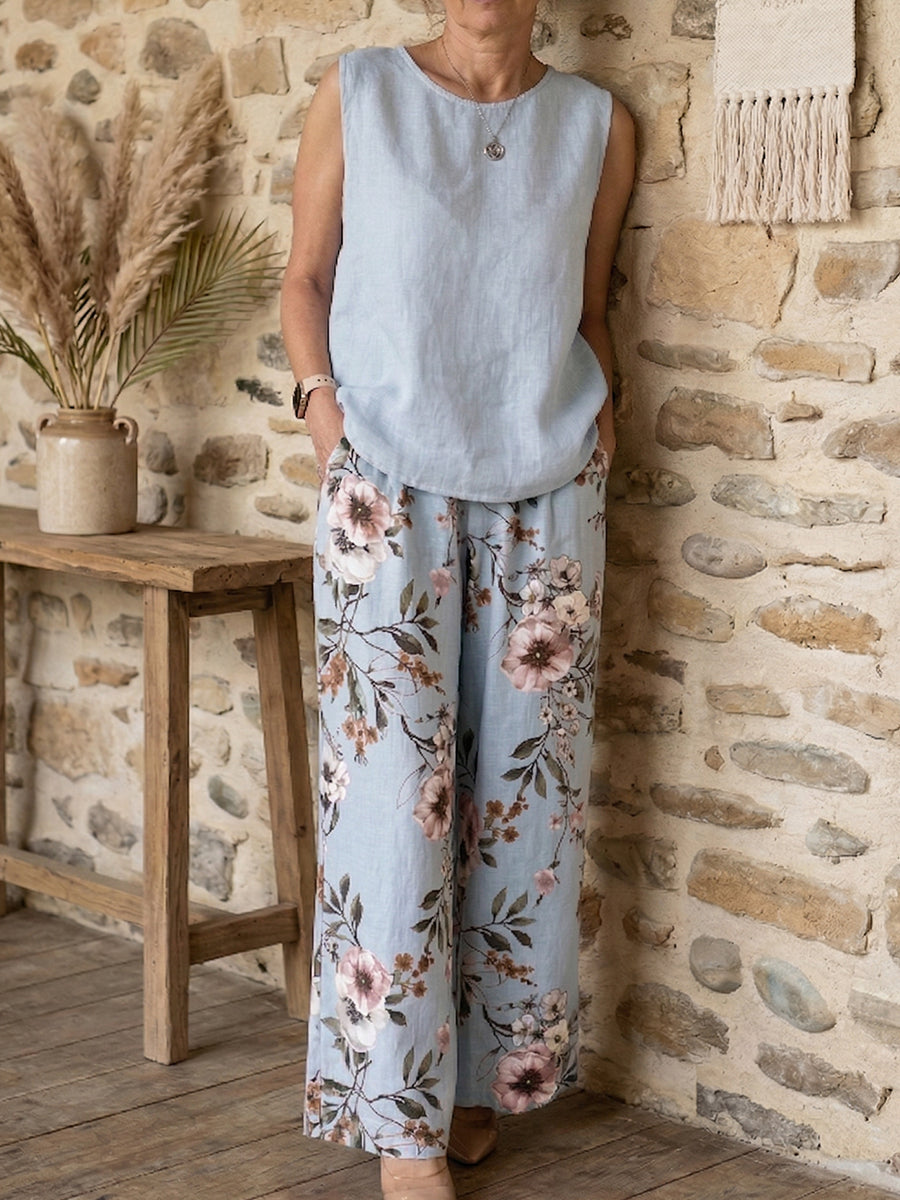 Floral Linen-Blend Relaxed Two-Piece Set