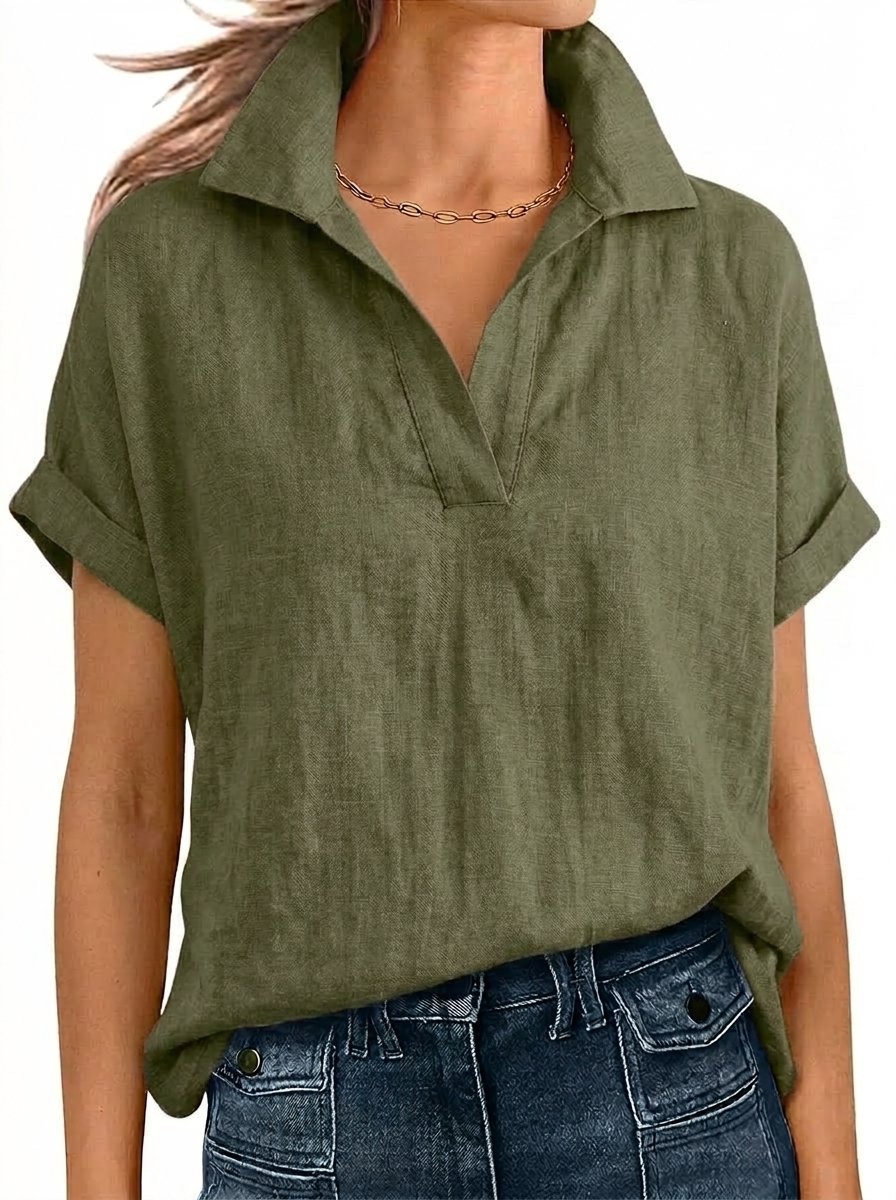 Relaxed Linen Short Sleeve V-Neck Blouse