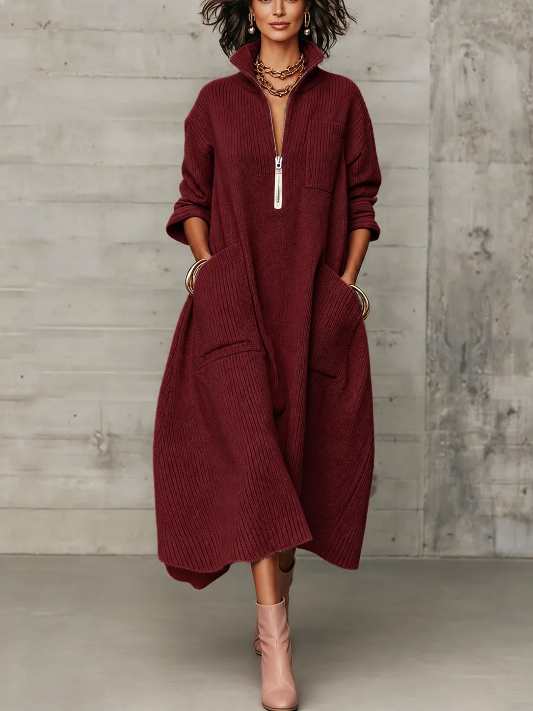 Women Half Zip Stand Collar Maxi Dress, 3/4 Sleeve Loose Long Shirt Dress with Pockets