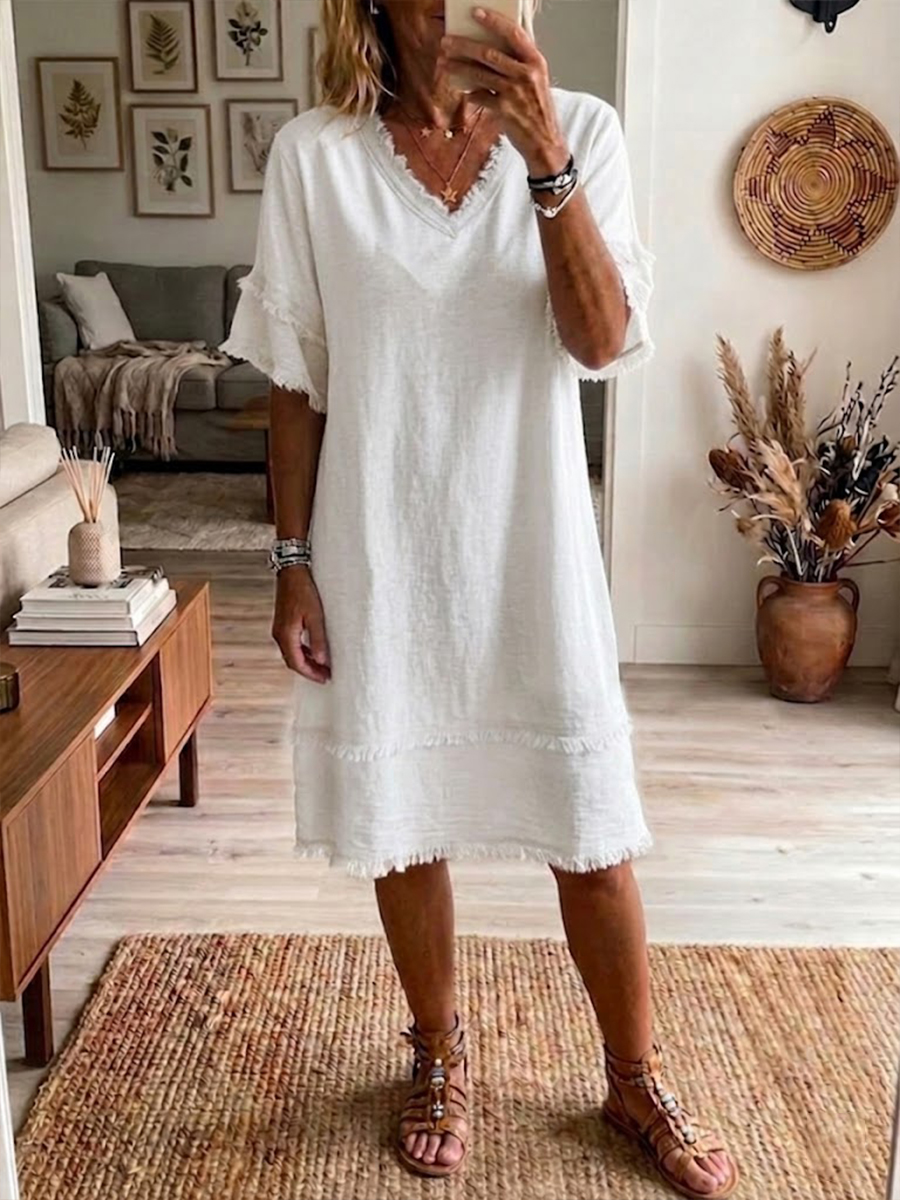 Vintage Frayed Hem Cotton Linen Dress