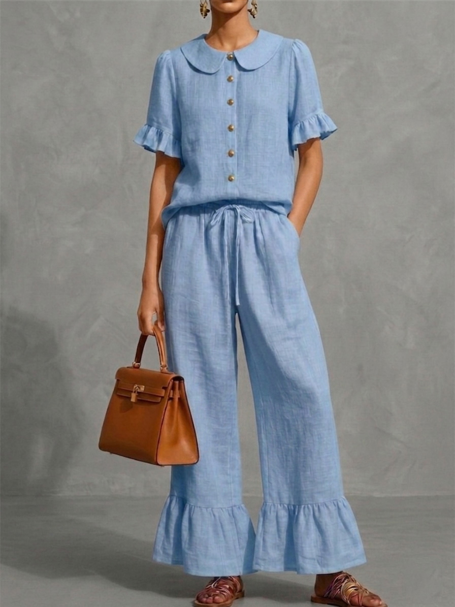 New Arrivals🔥Stylish Ruffled Shirt And Wide-leg Pant Linen Two-piece Set