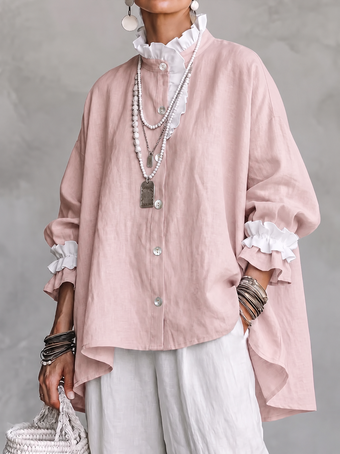 Women Ruffled Collar Linen Shirt, Long Sleeve Button Down Loose Oversized Blouse Top