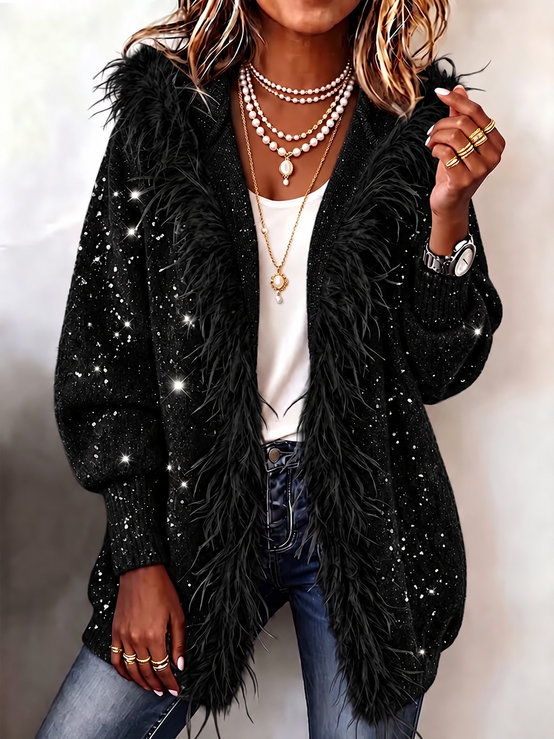 Women Sequin Fuzzy Open Front Cardigan, Long Sleeve Loose Shaggy Knit Sweater Coat