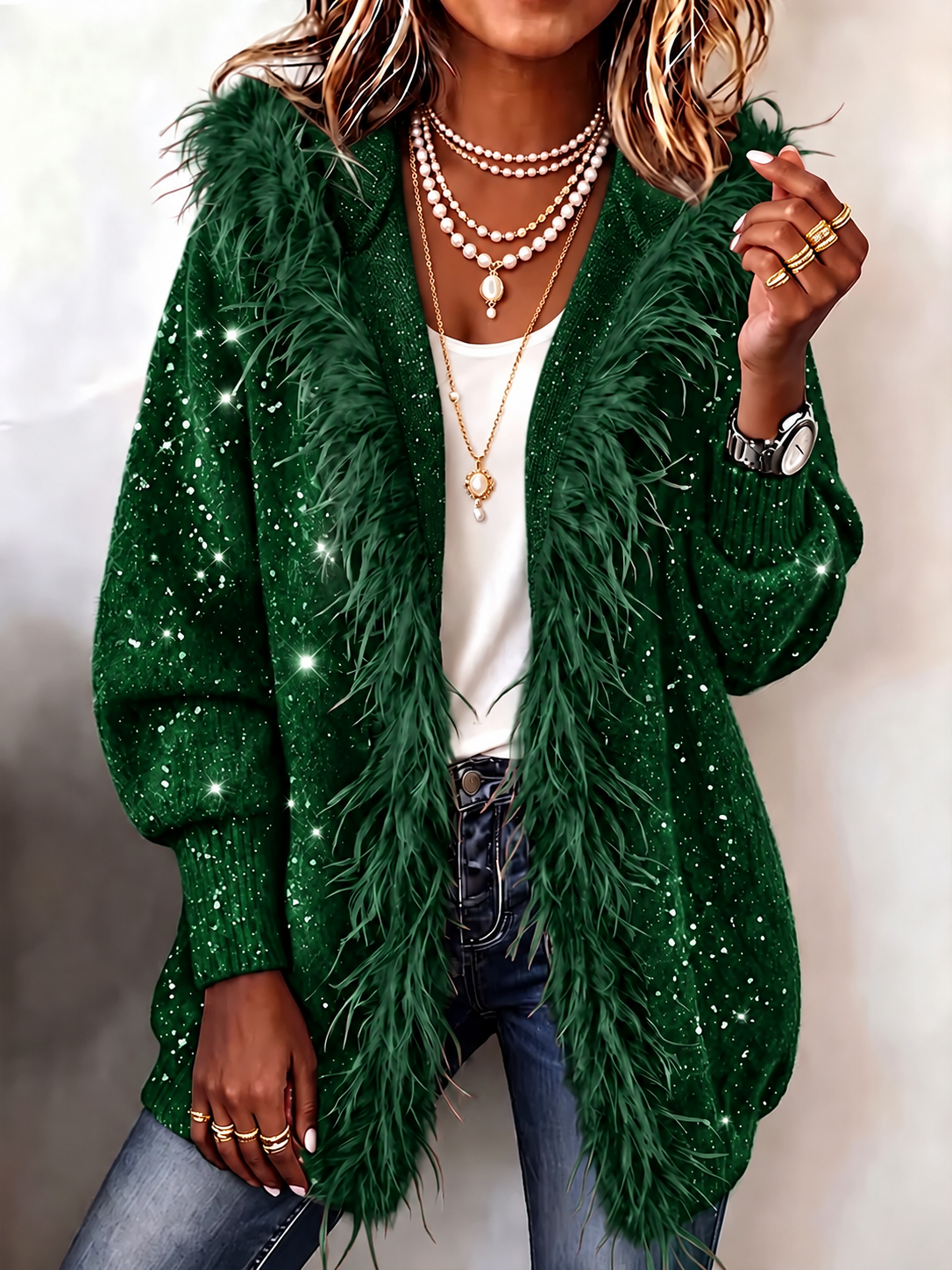 Women Sequin Fuzzy Open Front Cardigan, Long Sleeve Loose Shaggy Knit Sweater Coat