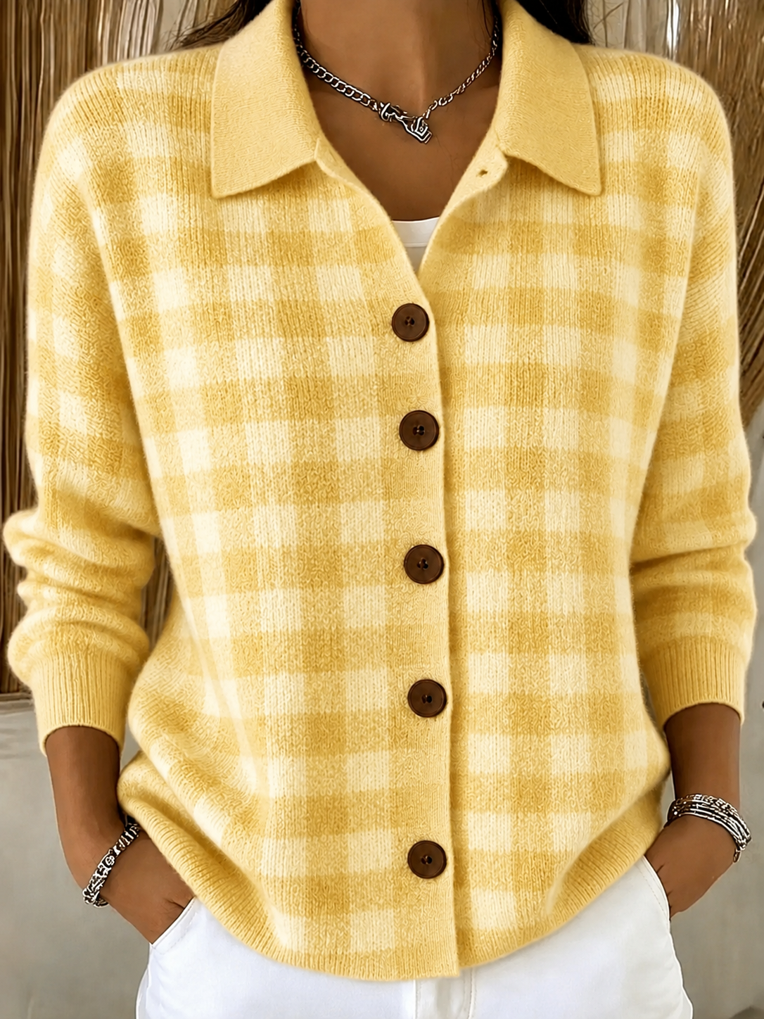 Clearance Sale🔥Women Soft Gingham Knit Button Cardigan