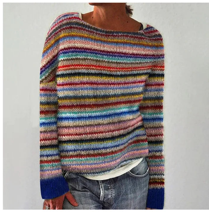 Women's relaxed knit sweater with multicolor horizontal stripes