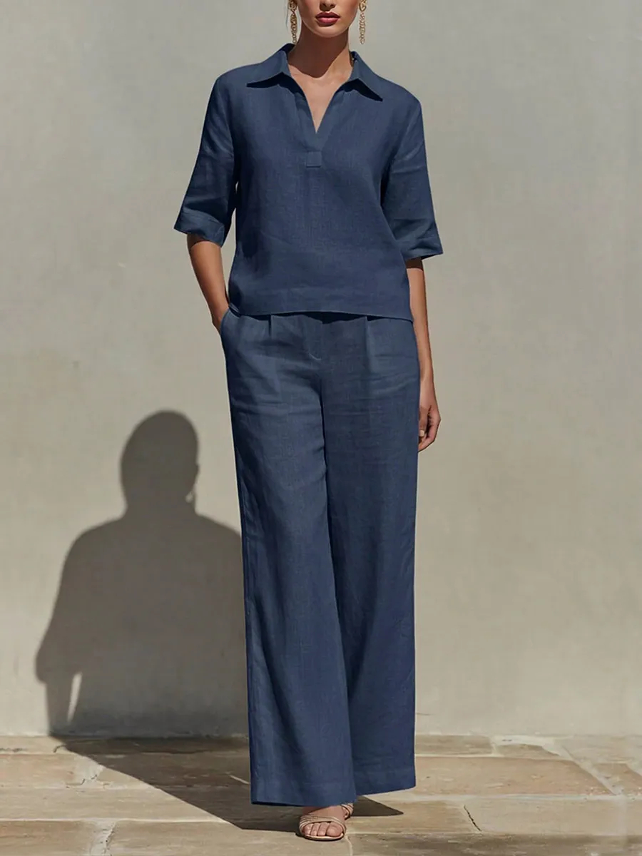 Women's Solid Cotton Linen Two-Piece Set