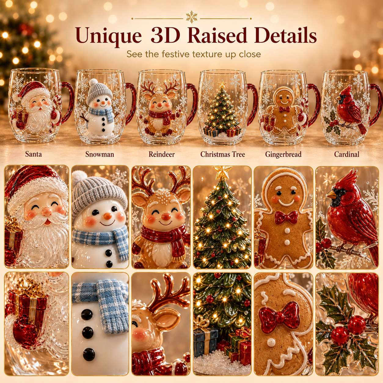 Close-up comparison of six raised 3D Christmas mug designs