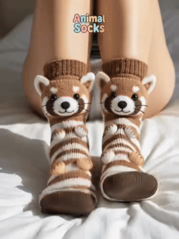 Animal socks worn on feet in a cozy indoor setting