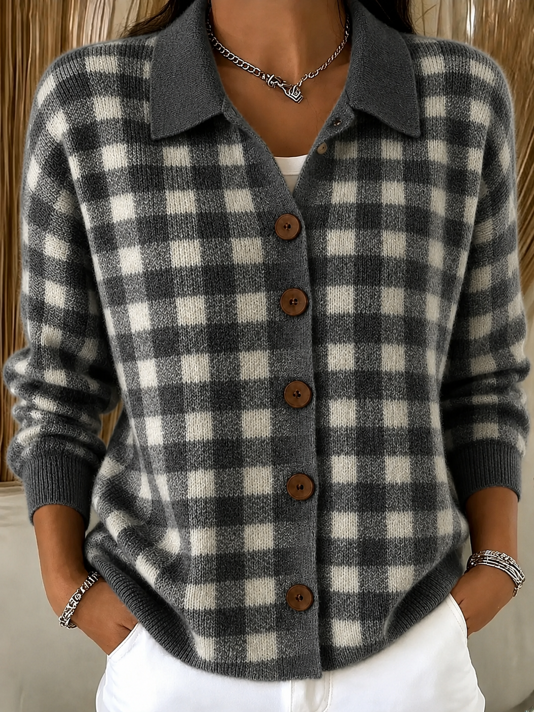 Clearance Sale🔥Women Soft Gingham Knit Button Cardigan