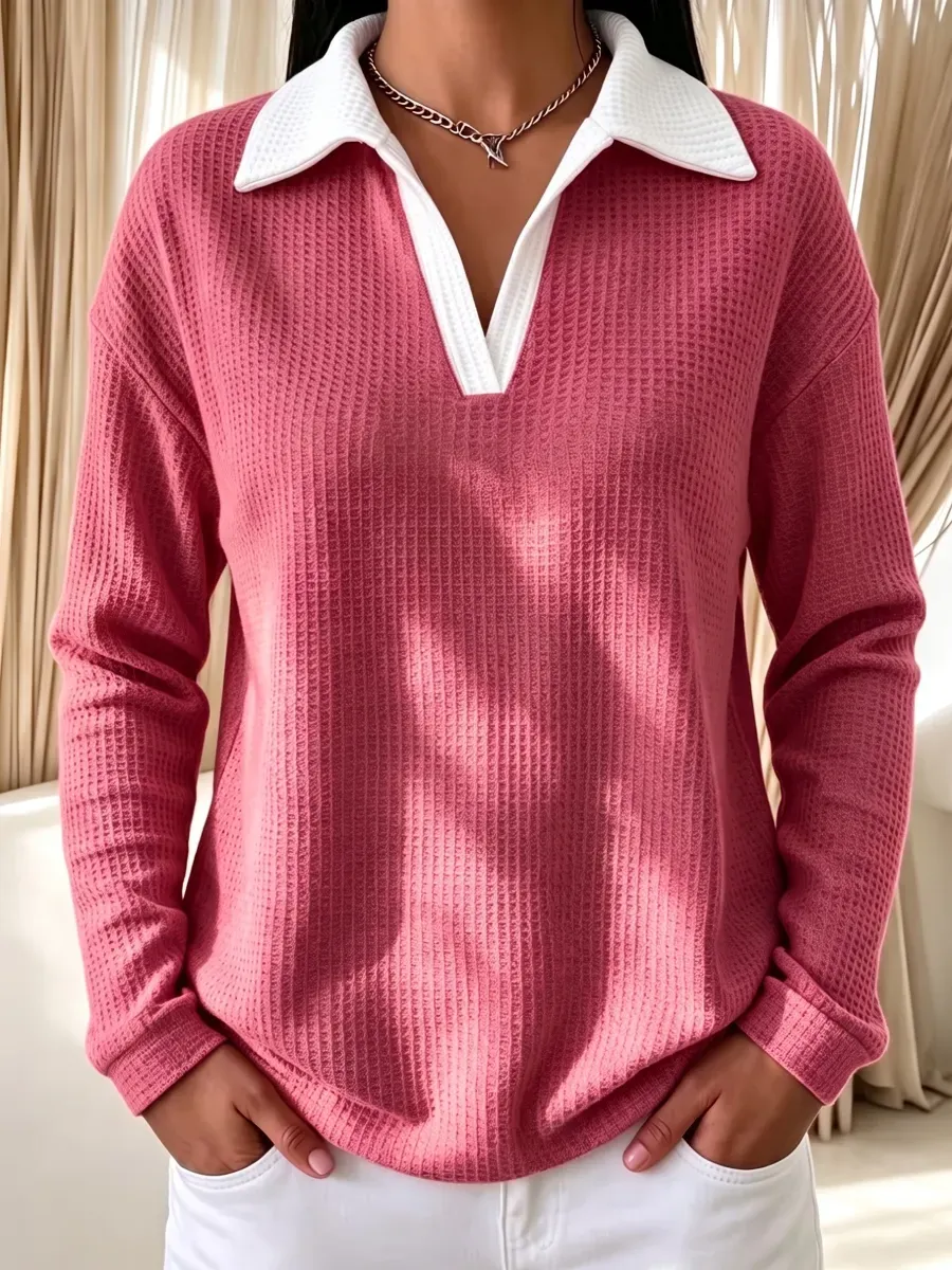 Women's contrast-collar waffle long-sleeve pullover in Red