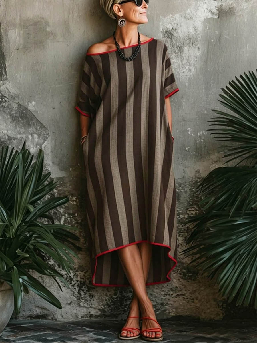 Women's Striped Print Round-neck Short-sleeve Casual Loose Cotton-linen Dress