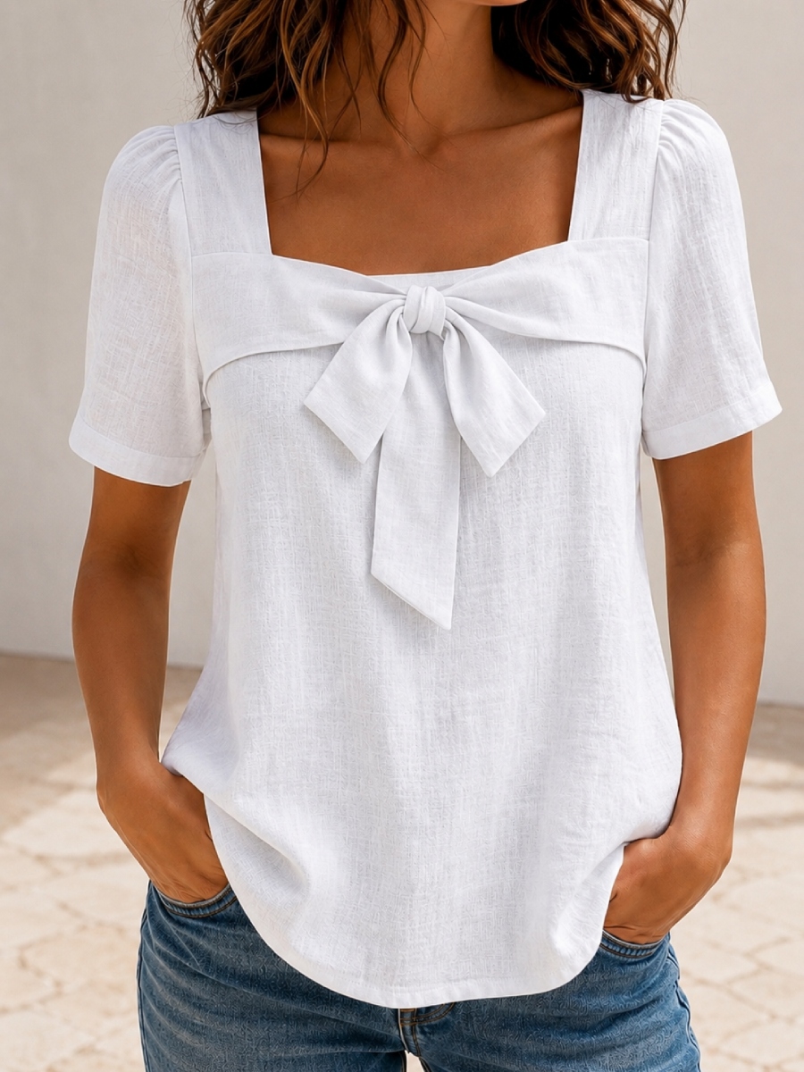 Today 49% off🔥Women’s Cotton Linen Bow Square Neck Blouse