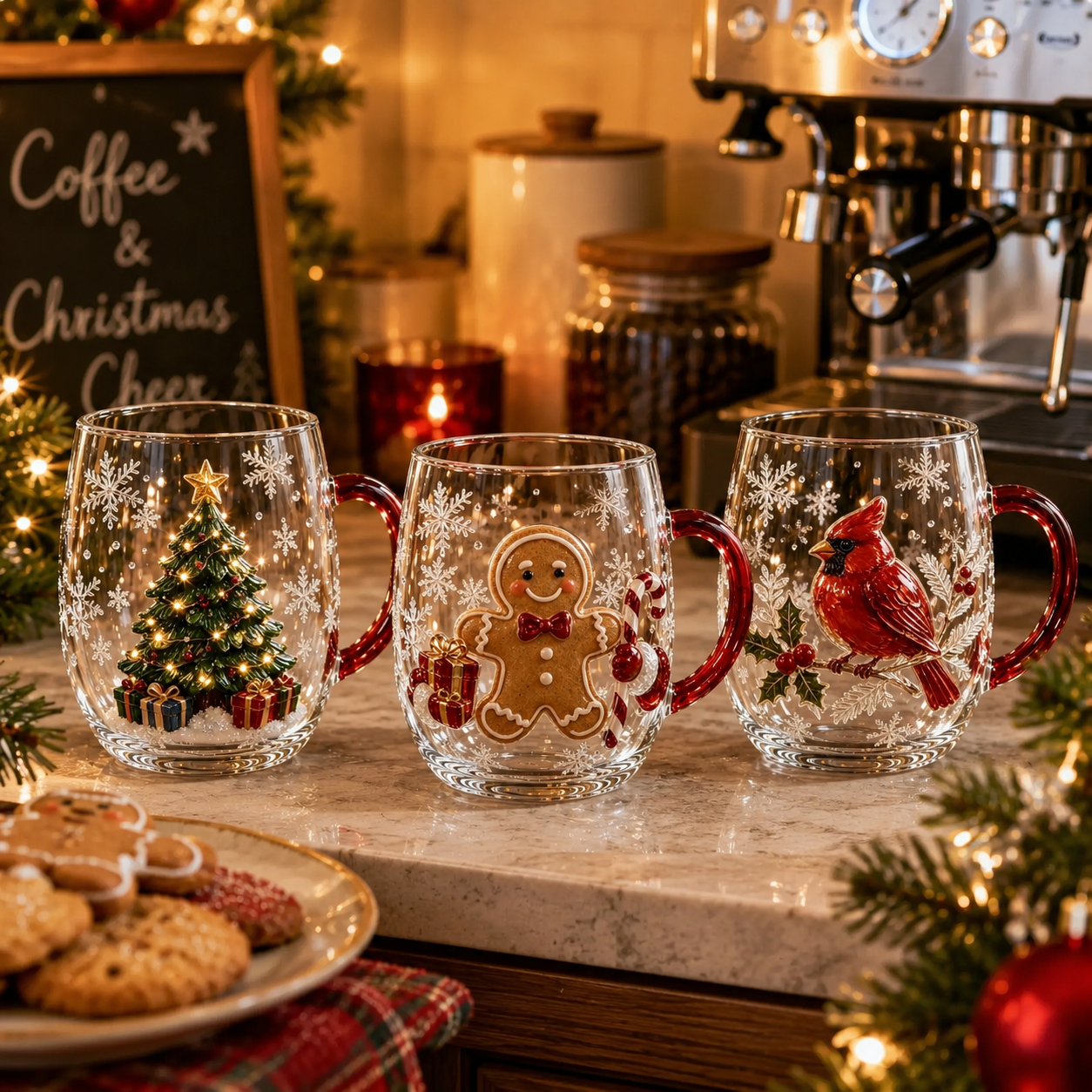 Christmas tree, gingerbread and cardinal glass mugs on a holiday coffee bar