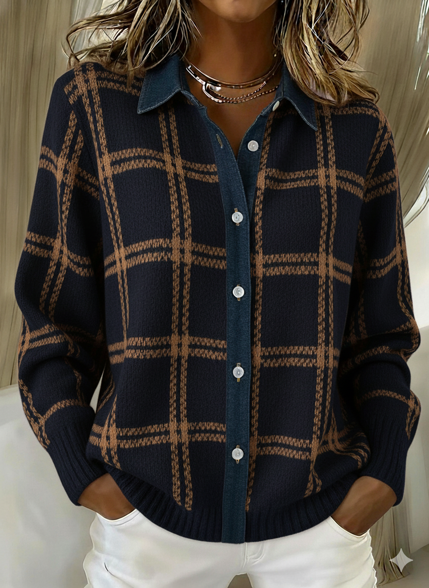 CLEARANCE SALE🔥 Denim Patchwork Contrast Plaid Polo Collar Button Cardigan Sweater